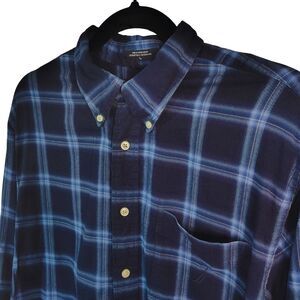 NAUTICA Button-Down Large Men's Blue Plaid Cotton Blend Long Sleeve Shirt